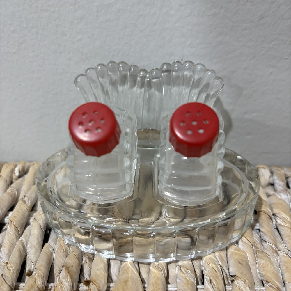 Vintage Clear Pressed Glass Mini Salt Pepper Shakers Red Tops Turkey Tail Tray